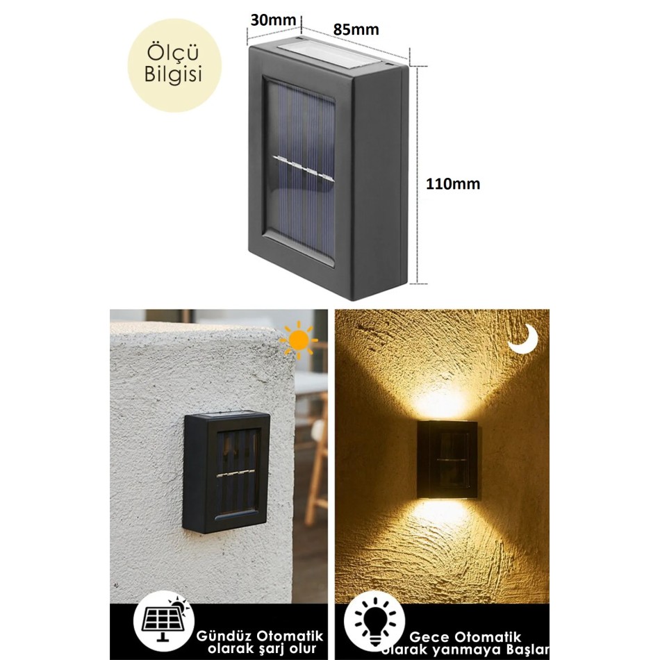Güneş Enerjili 4 LEDLİ Çift Taraflı Duvar Lambası Aydınlatma Dekorasyon Aplik Işık