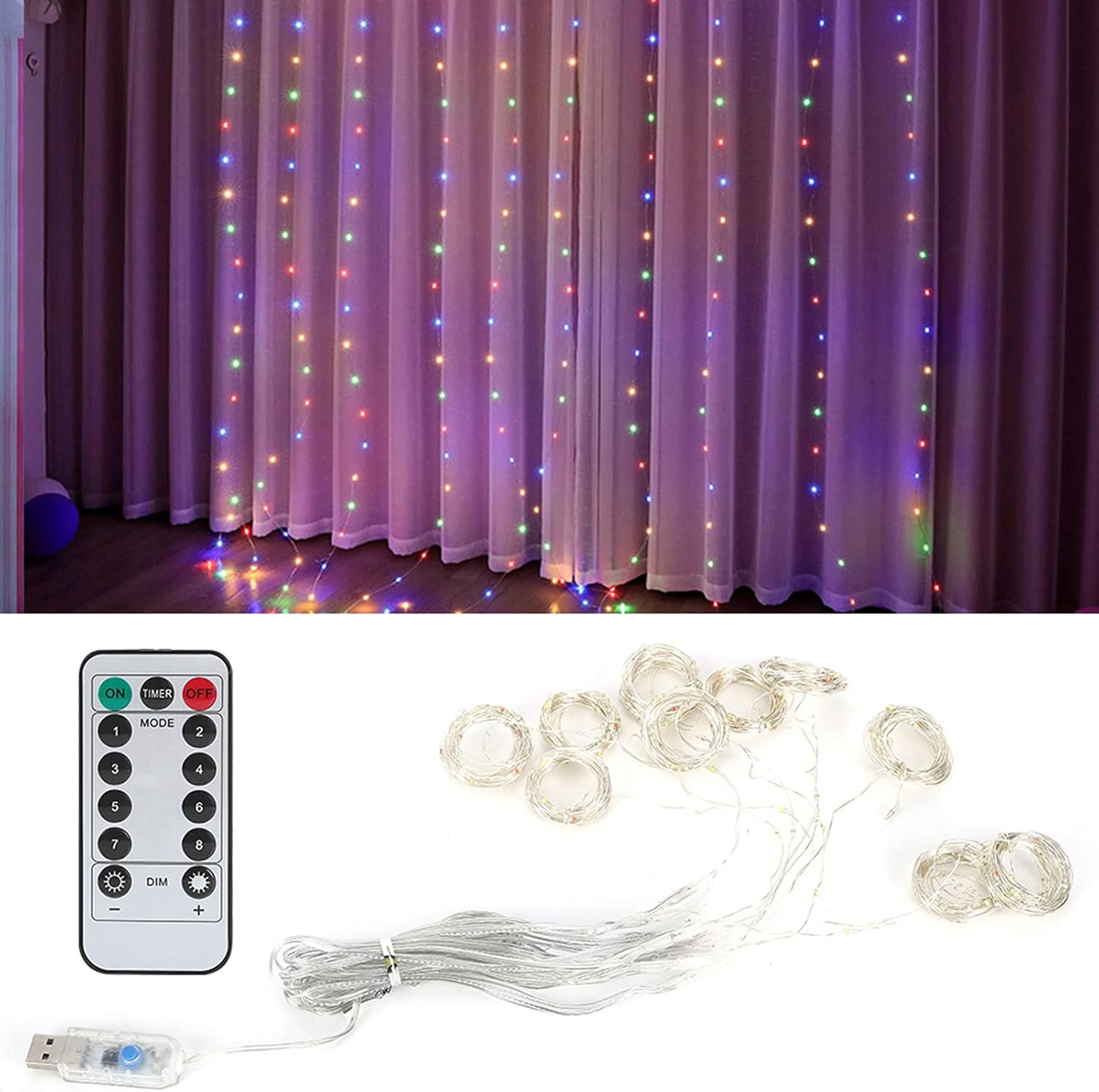 Tel Perde LED 3x3 10 Saçaklı 300 LED Kumandalı Işık USB Girişli