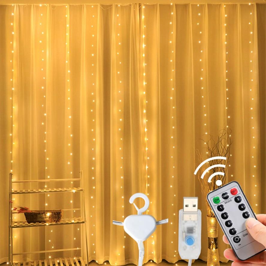 Fişli Ve Kancalı Perde LED 3x3 USB Girişli Kumandalı Zaman Ayarlı Işık Aydınlatma Dekorasyon Süs