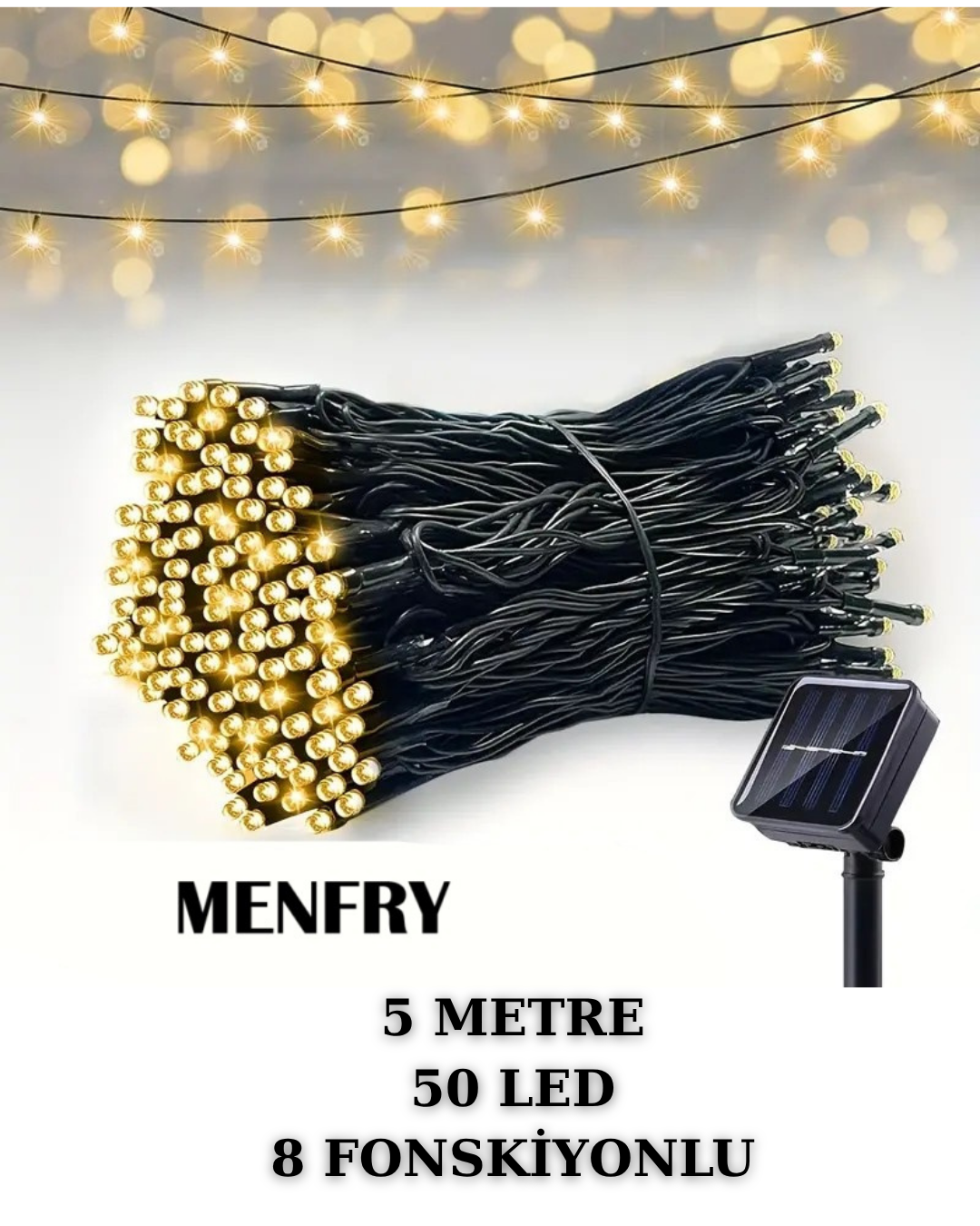 Solar Güneş Enerjili 5 Metre 8 Fonksiyonlu Gün Işığı Bahçe Balkon Teras Aydınlatma Dekor Işık