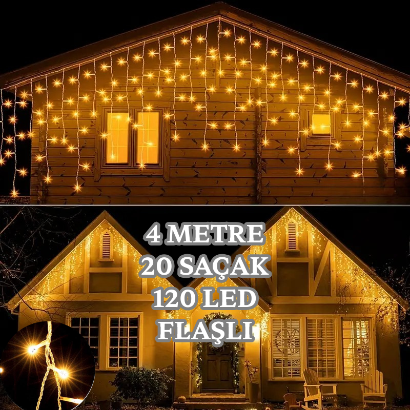 4 Metre 20 Saçaklı 120 LED Flaşlı Ekleme Fişli İç Mekan Aydınlatma Dekor Işık