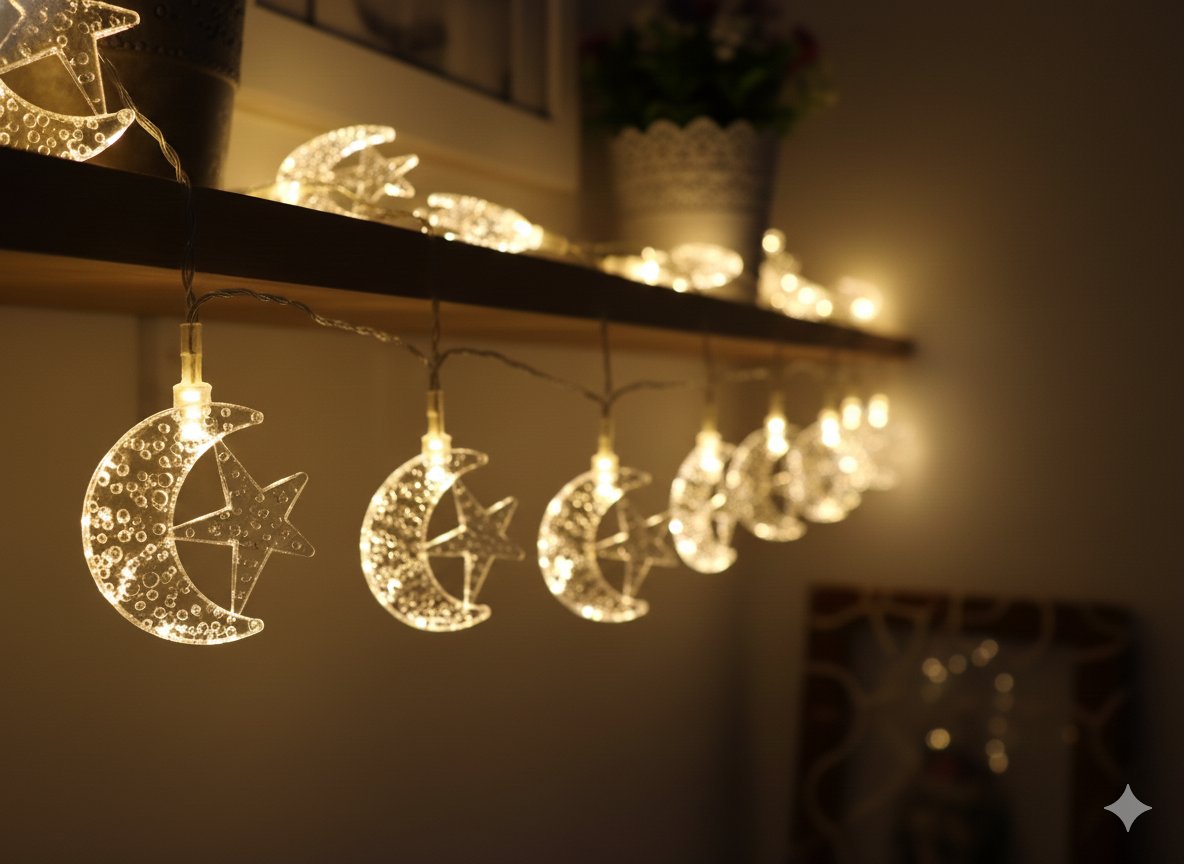 Ay Yıldız 10 Ledli Ramazan Figürlü 1.5 Metre 2 Pilli Dekor Led Işık