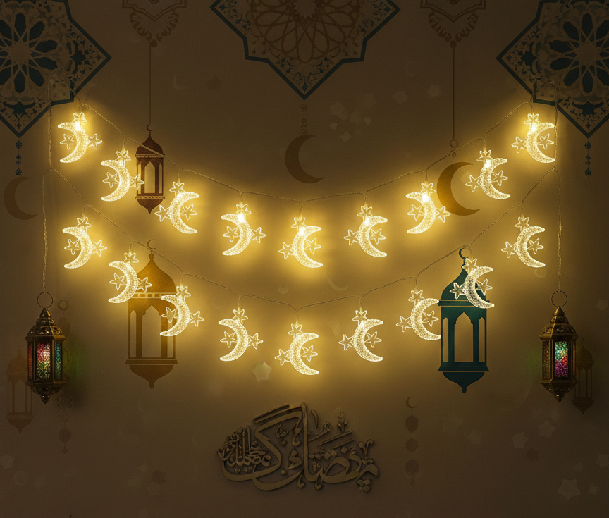 Ay 3 Yıldız 10 Ledli Ramazan Figürlü 1.5 Metre 2 Pilli Dekor Led Işık