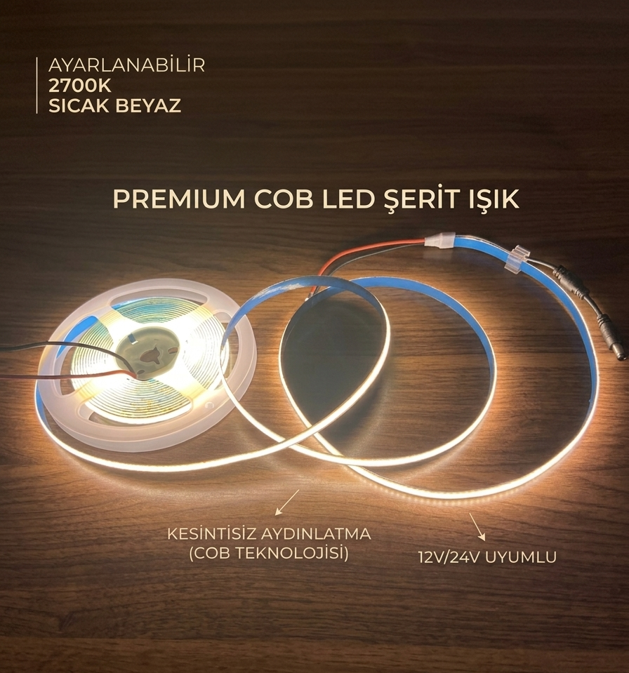 12 Volt 320 Led 8 mm İç Mekan Esnek Cob Şerit Led 2700K/Amber