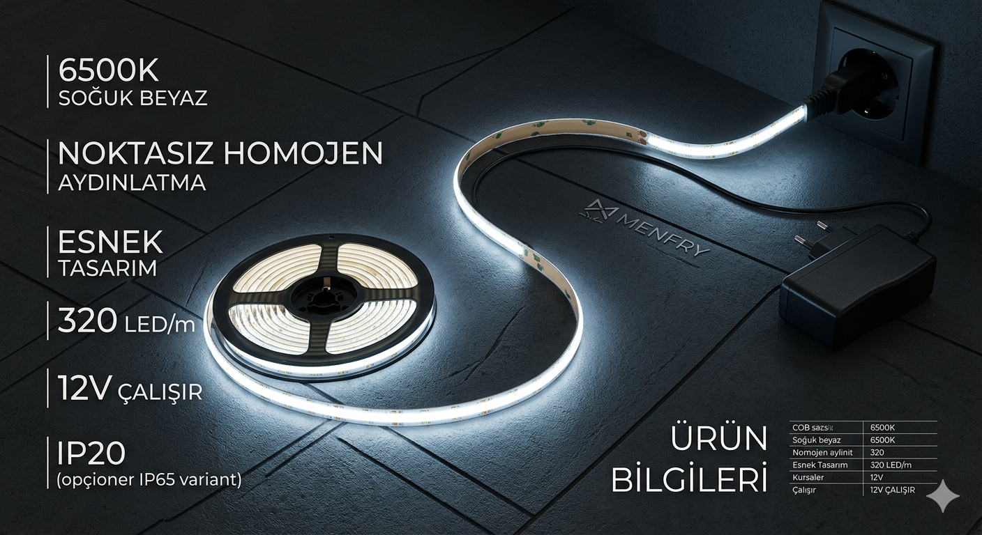 12 Volt 320 Led 8 mm İç Mekan Esnek Cob Şerit Led 6500K/Beyaz