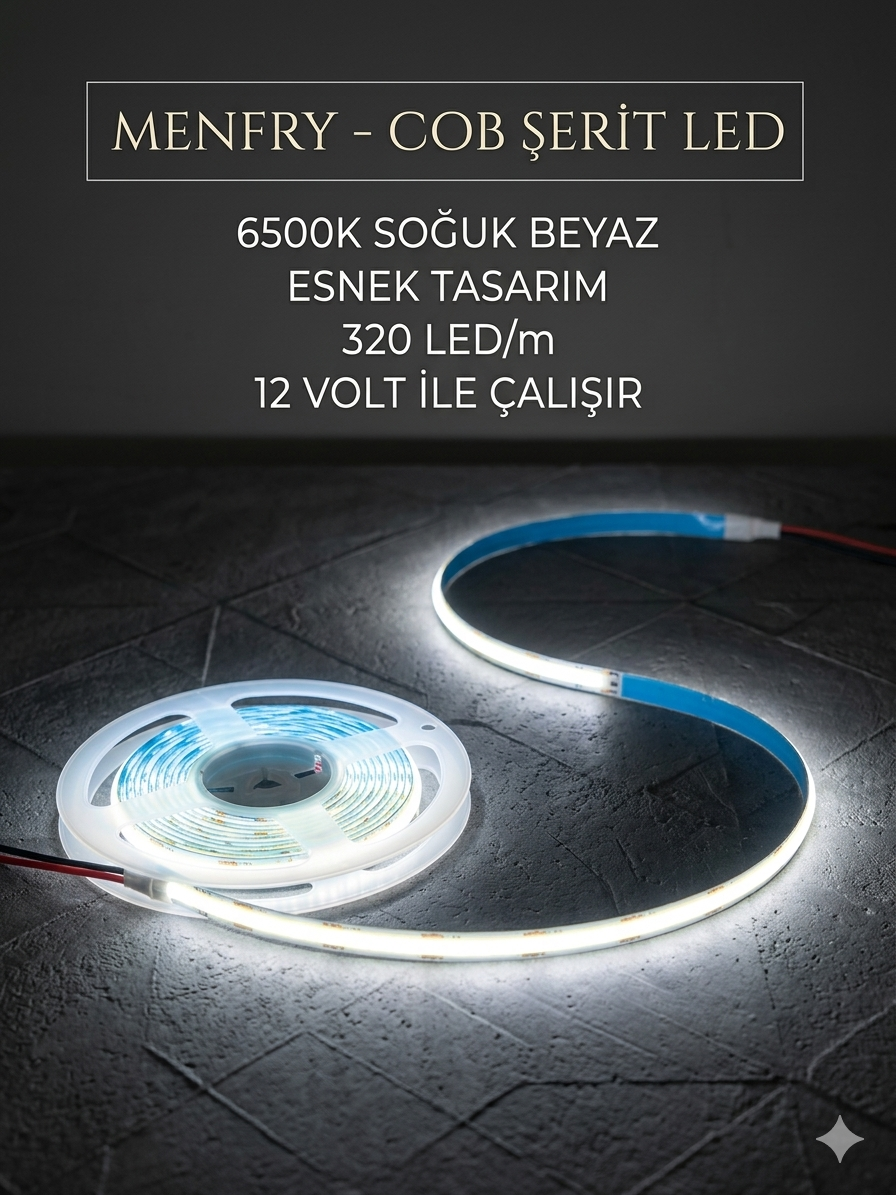 12 Volt 320 Led 8 mm İç Mekan Esnek Cob Şerit Led 6500K/Beyaz