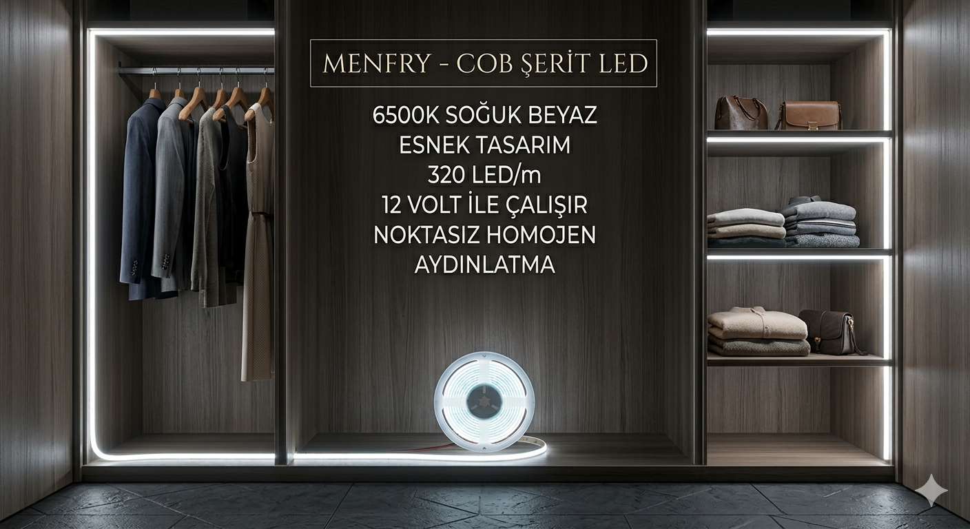 12 Volt 320 Led 8 mm İç Mekan Esnek Cob Şerit Led 6500K/Beyaz