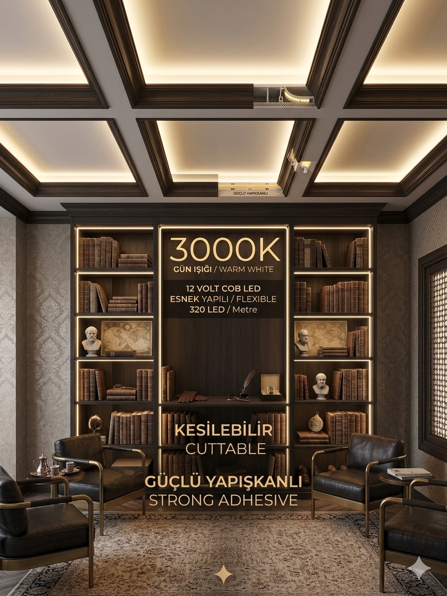 12 Volt 320 Led 8 mm İç Mekan Yapışkanlı Esnek Cob Şerit Led 3000K/ Gün Işığı