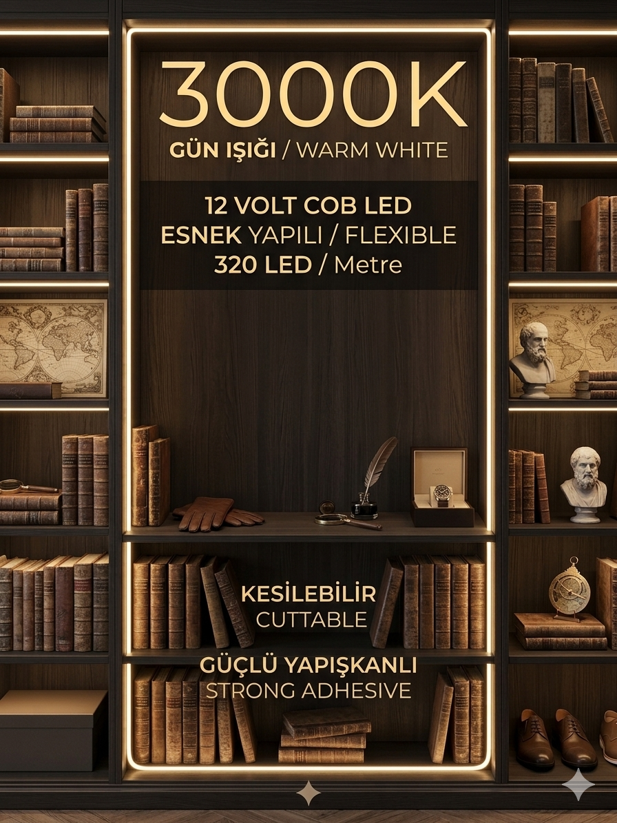 12 Volt 320 Led 8 mm İç Mekan Yapışkanlı Esnek Cob Şerit Led 3000K/ Gün Işığı
