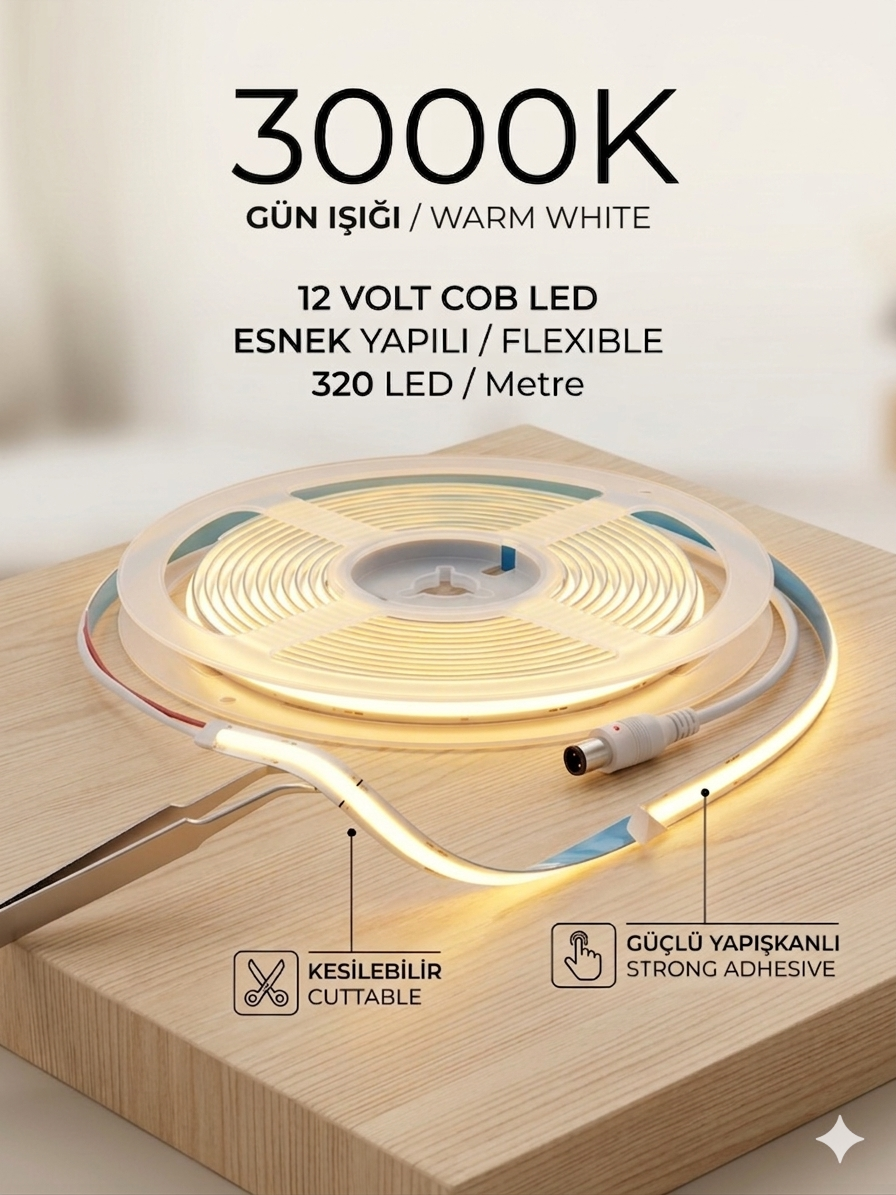 12 Volt 320 Led 8 mm İç Mekan Yapışkanlı Esnek Cob Şerit Led 3000K/ Gün Işığı