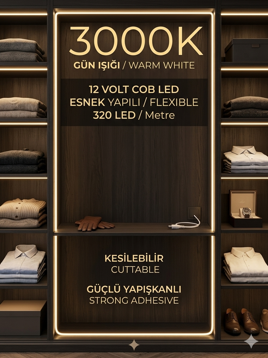 12 Volt 320 Led 8 mm İç Mekan Yapışkanlı Esnek Cob Şerit Led 3000K/ Gün Işığı