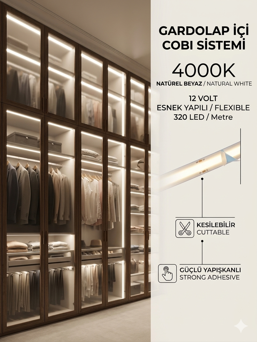 12 Volt 320 Led 8 mm İç Mekan Yapışkanlı Esnek Cob Şerit Led 4000K/ Naturel Beyaz