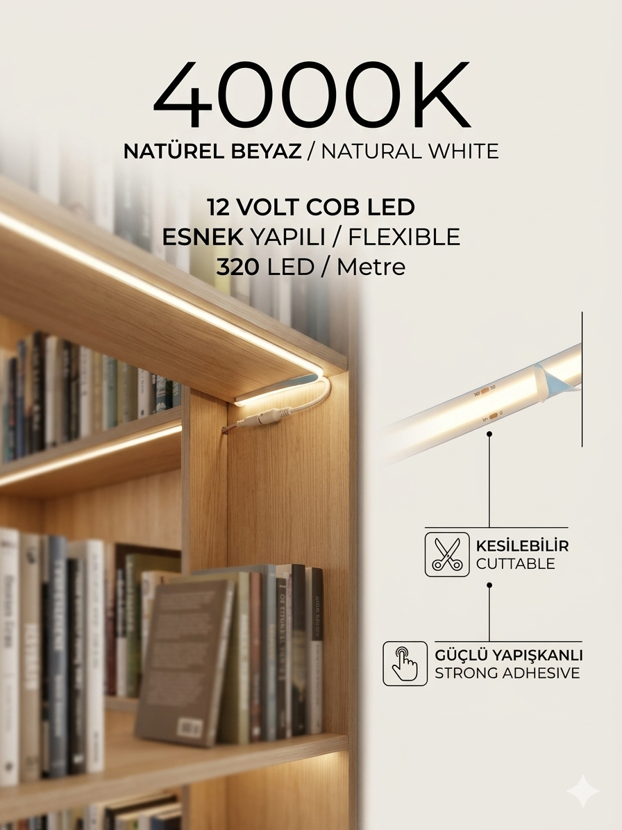 12 Volt 320 Led 8 mm İç Mekan Yapışkanlı Esnek Cob Şerit Led 4000K/ Naturel Beyaz