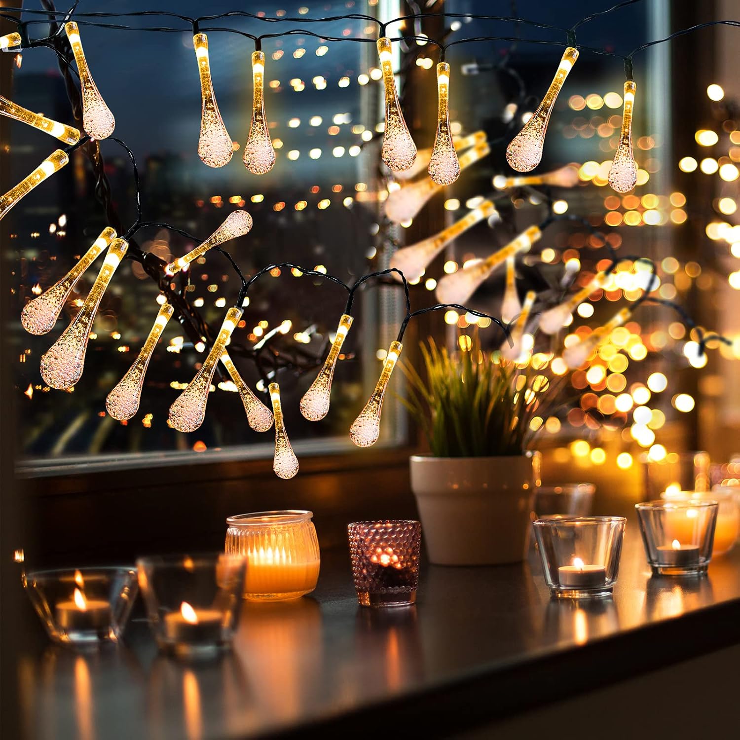 Solar Güneş Enerjili Gün Işığı 7 Metre 50 Led Damla 8 Fonksiyonlu Bahçe Aydınlatma Işık