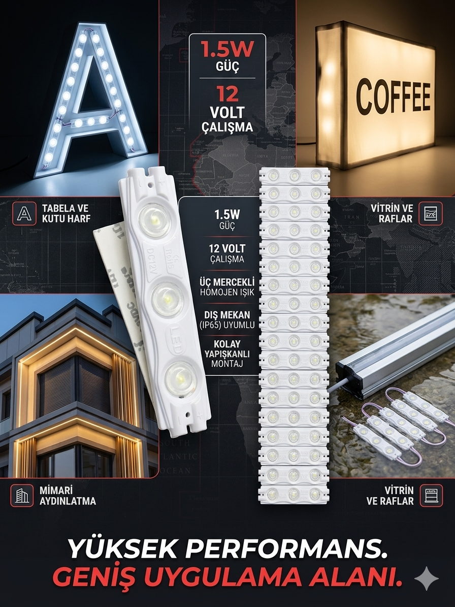 12 Volt Modül Led 1.5W Gün Işığı Üç Mercekli 20 Adet Yapışkanlı Çok Amaçlı Işık