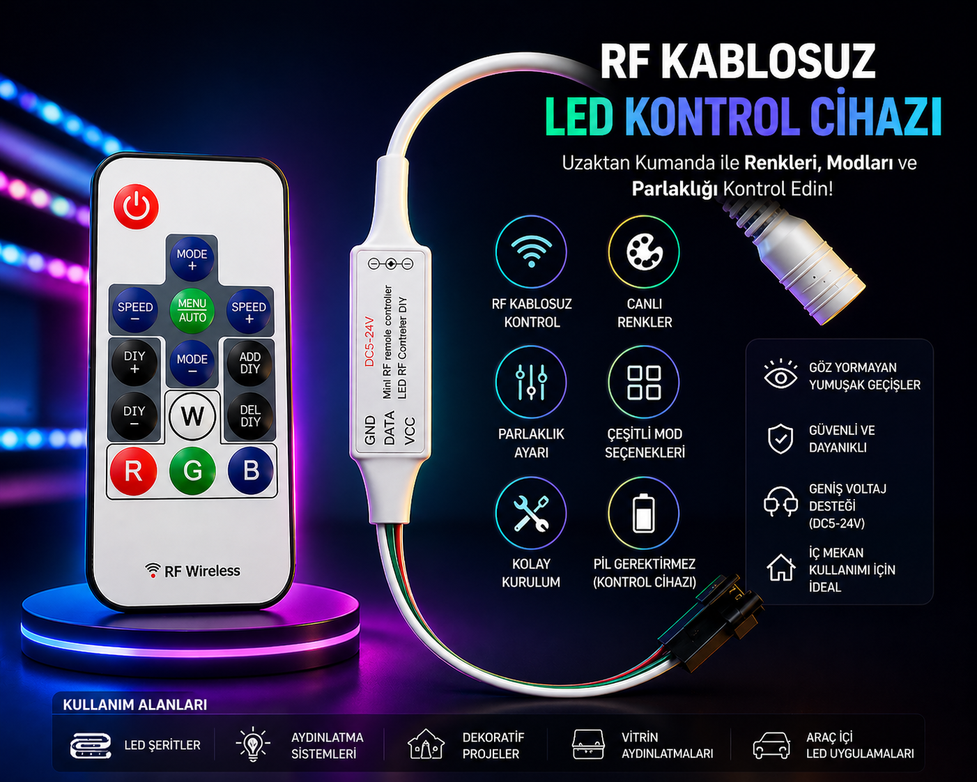 RGB Pixel LED 14 Tuşlu RF Kumandalı Kontrol Modülü