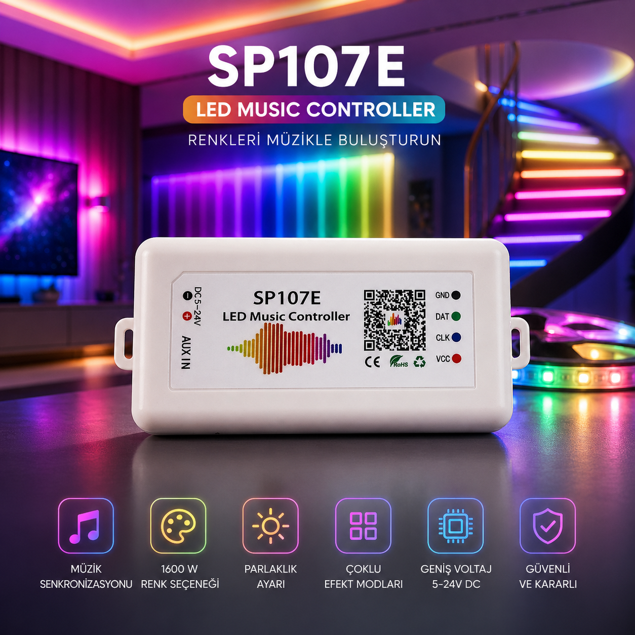 RGB Pixel Led Bluetooth, Müzik Destekli Kontrol Modülü (SP107E)
