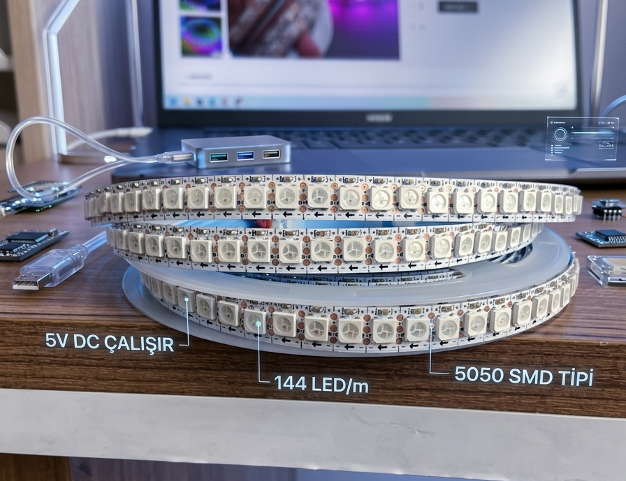 5 Volt 5050SMD 720 Ledli RGB Piksel Şerit Led (5 Metre)
