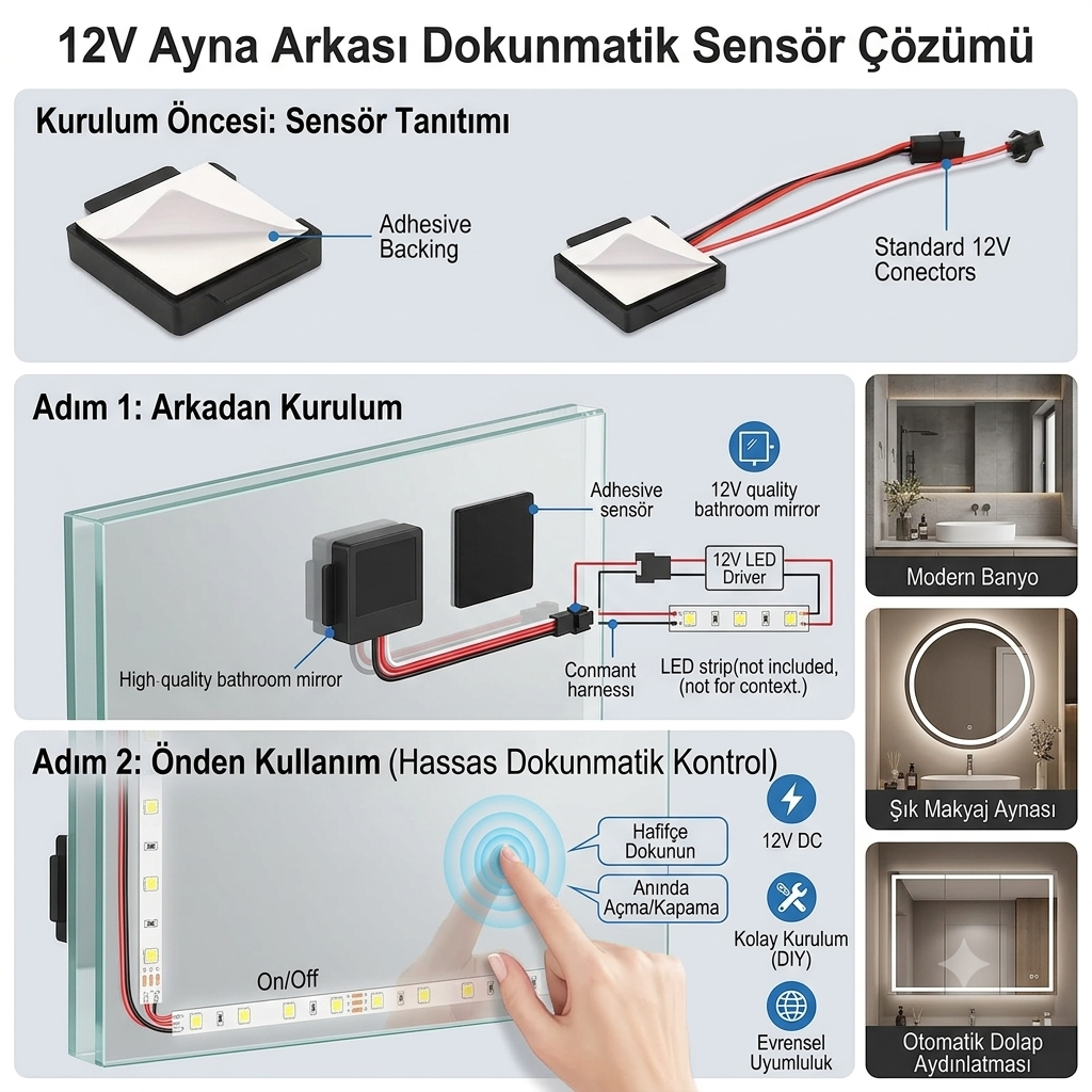 12 Volt Ayna Arkası Dokunmatik Led Sensörü